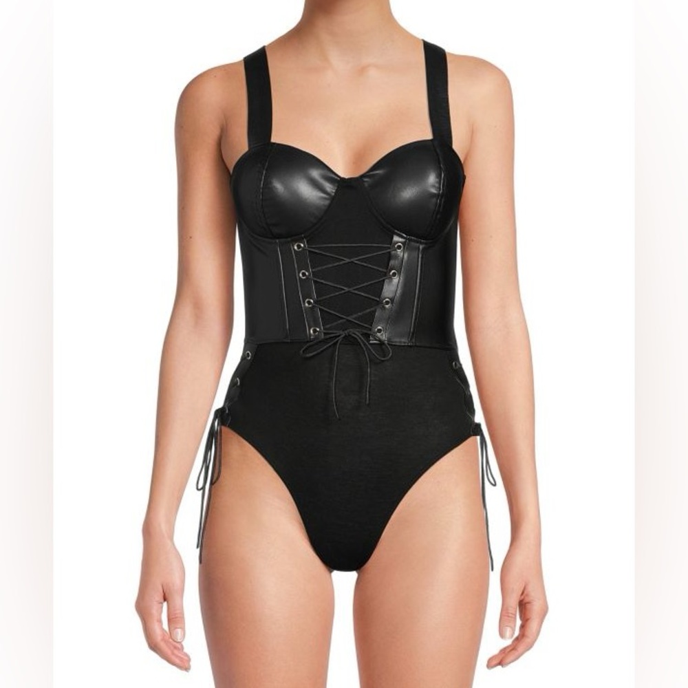 OPPA Women's Vegan Faux Leather Lace Up Back Zip Corset Bodysuit, Black, Size M